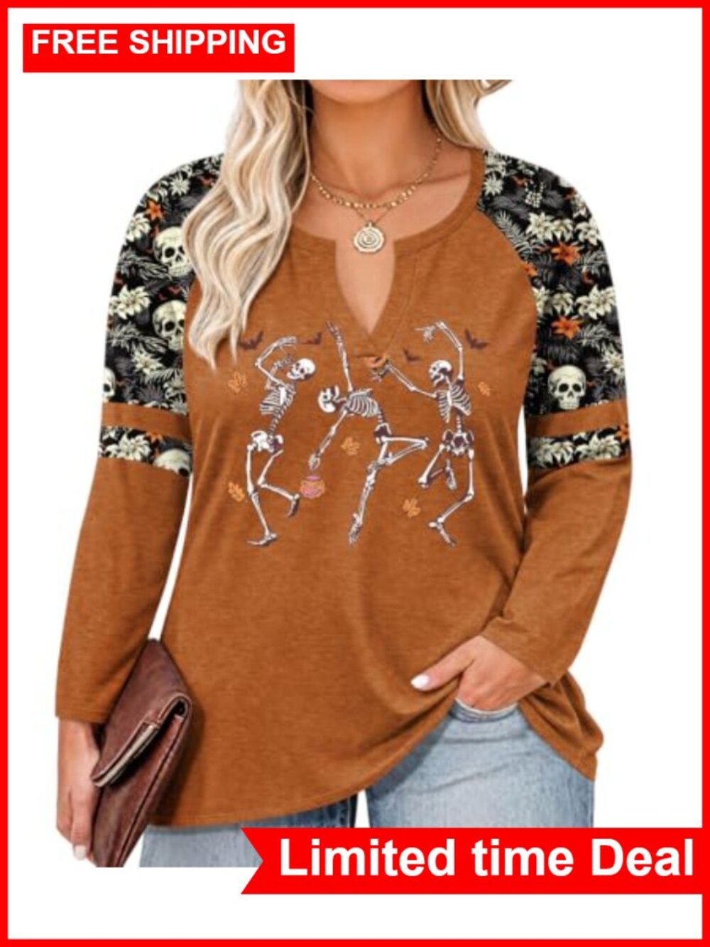 Plus Size Women's Fall Thanksgiving Halloween Raglan T-Shirt Long Sleeve